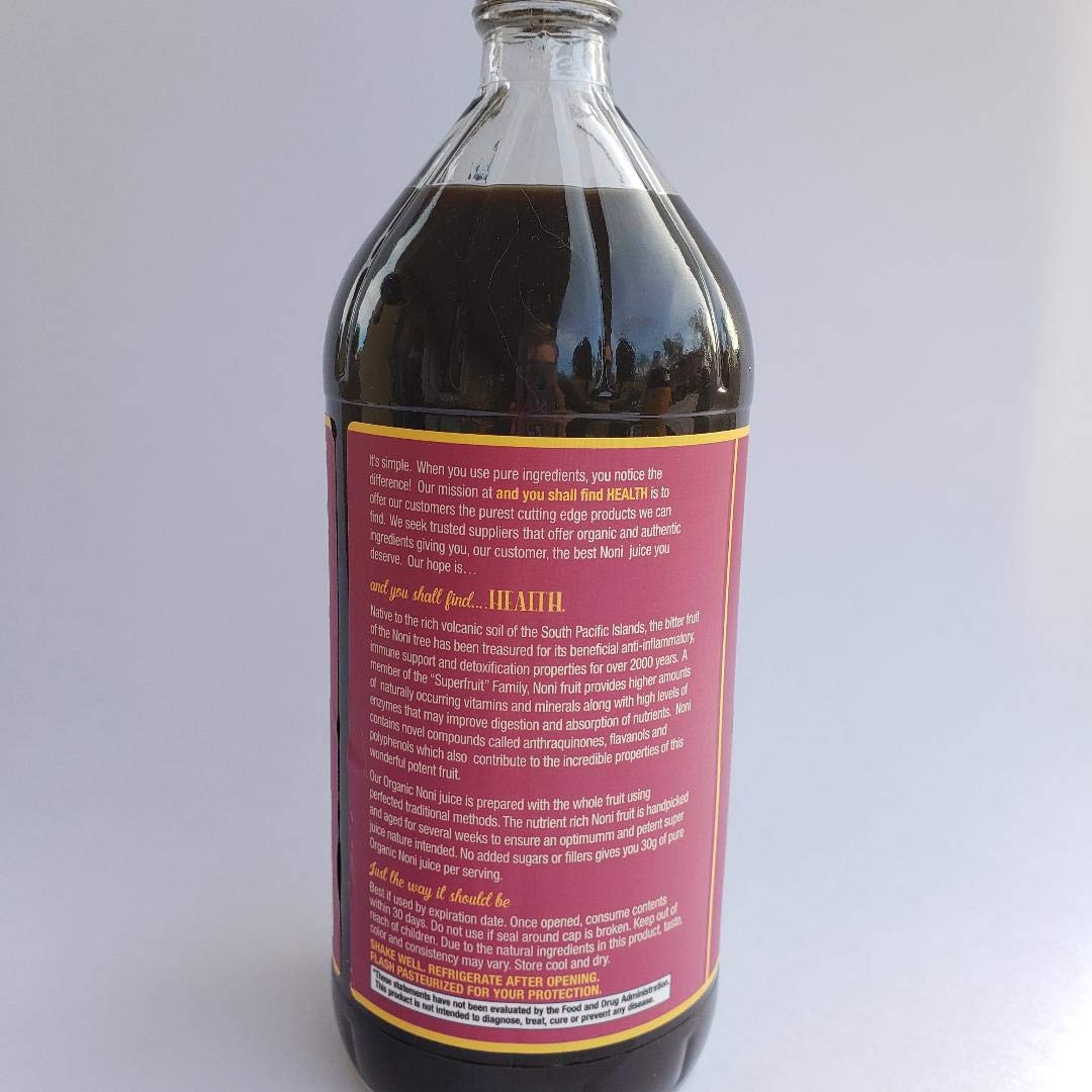 100% Pure Organic Noni Fruit Juice - 32oz Glass Bottle - Rich in Flavanols, Minerals, and Vitamins - Gluten-Free & Vegan - 30g Noni Superfruit Per Serving