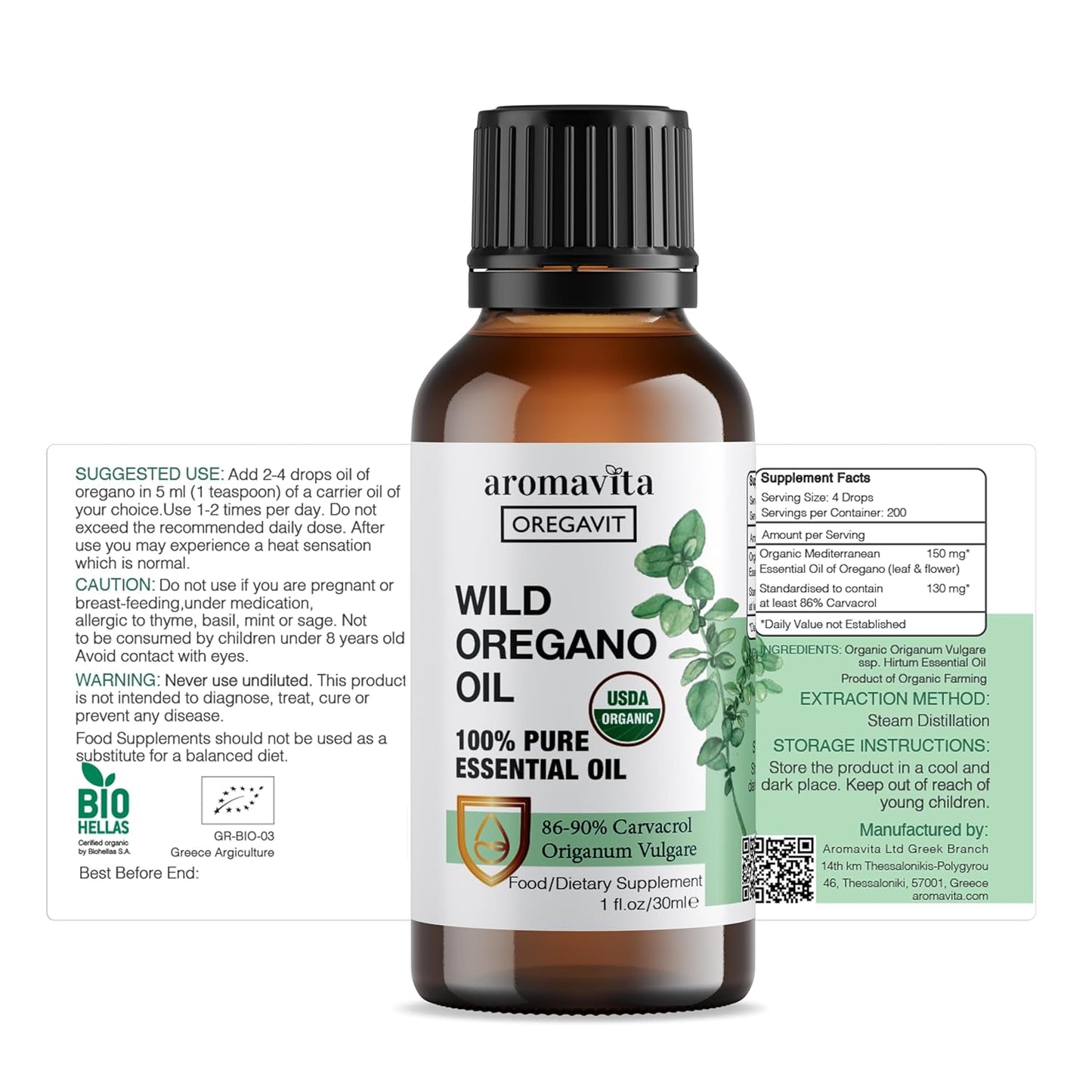 100% Pure Organic Wild Oregano Oil with 86-90% Carvacrol for Immune Support - Vegan, Non GMO, Gluten Free - 1fl.oz
