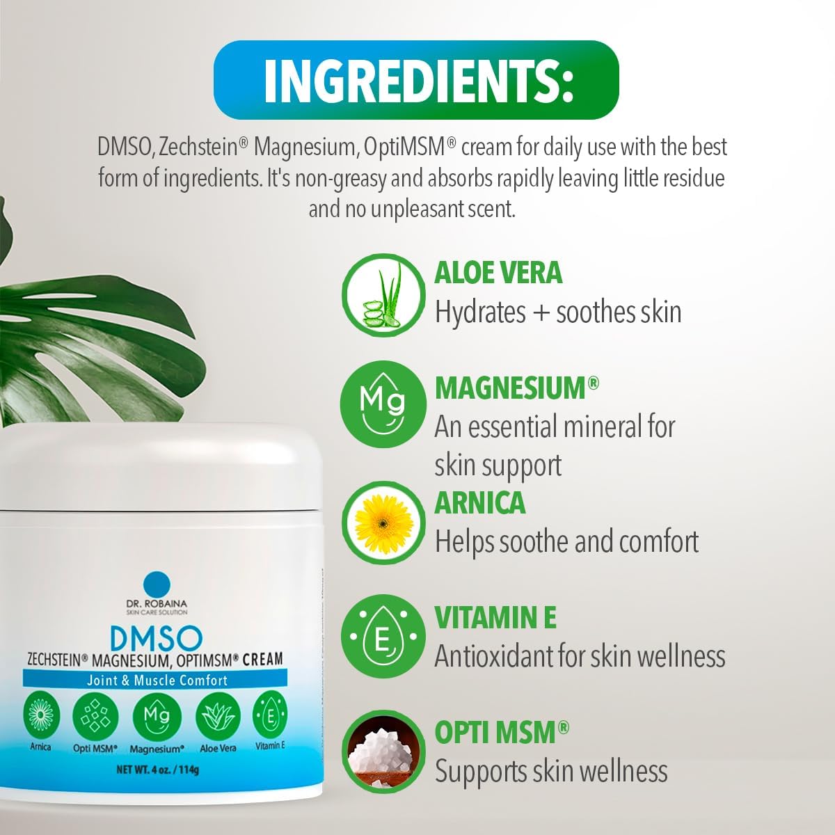 100% Pure Pharmaceutical Grade DMSO Cream with Zechstein Magnesium, Arnica, Aloe Vera, and Vitamin E for Muscle & Joint Relief - 4 oz - Made in USA
