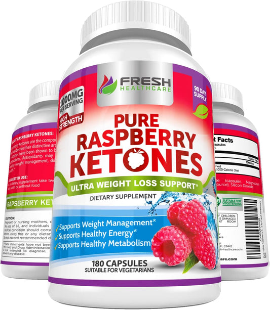 100% Pure Raspberry Ketones 1000mg - 3 Month Supply - Non GMO Weight Loss Support - 180 Capsules by FRESH HEALTHCARE