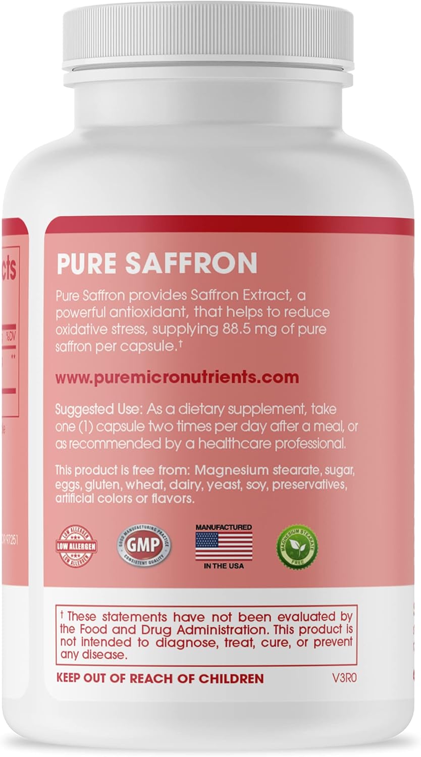 100% Pure Saffron Extract Capsules for Energy, Mood, Eye & Heart Health - Pure Micronutrients Saffron Supplements