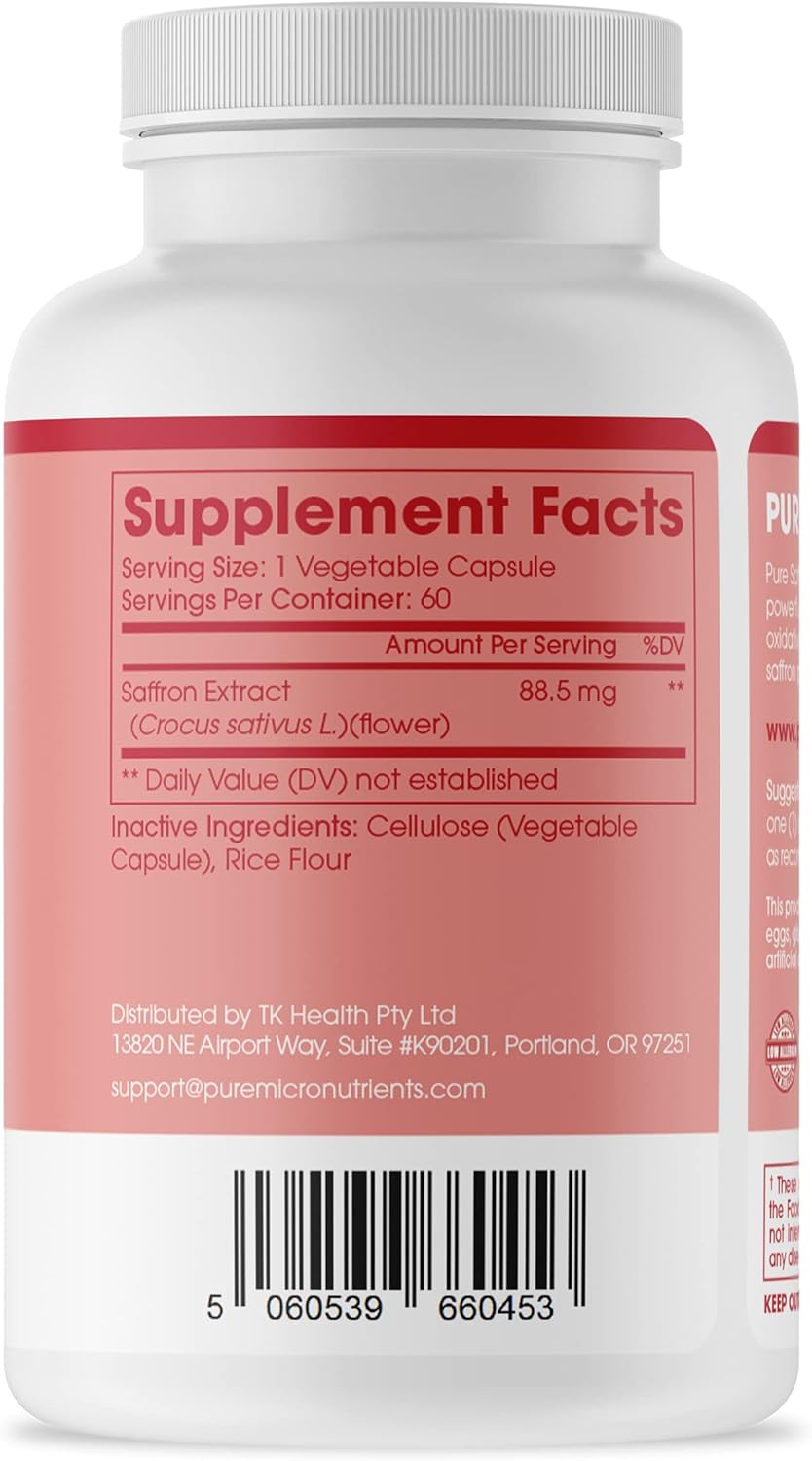 100% Pure Saffron Extract Capsules for Energy, Mood, Eye & Heart Health - Pure Micronutrients Saffron Supplements