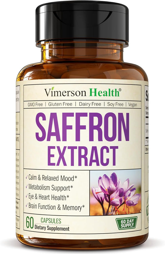 100% Pure Saffron Extract Capsules for Eye, Heart, Brain & Metabolic Health - Vegan Supplement for Men & Women - 60 Capsules