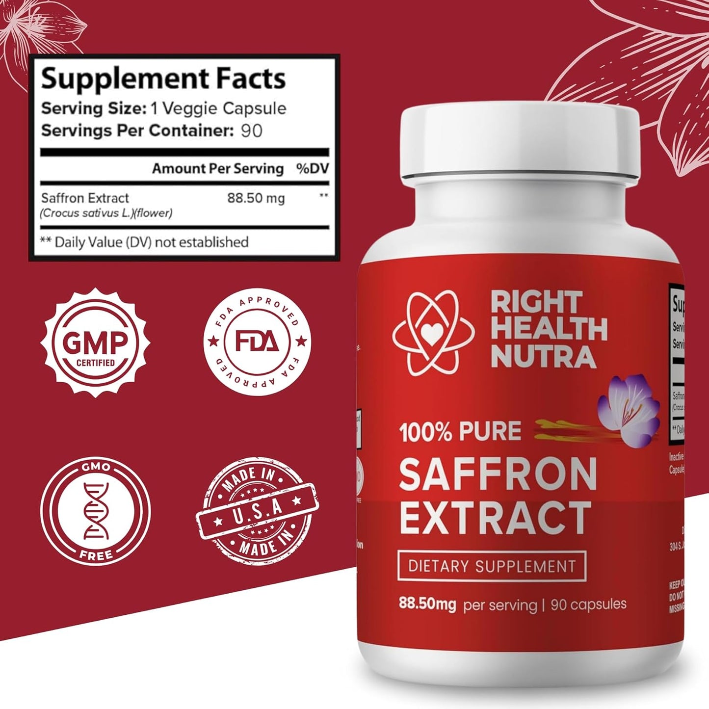 100% Pure Saffron Extract Capsules for Mood, Focus, Digestion, and Eye Health - Made in USA - 90 Capsules