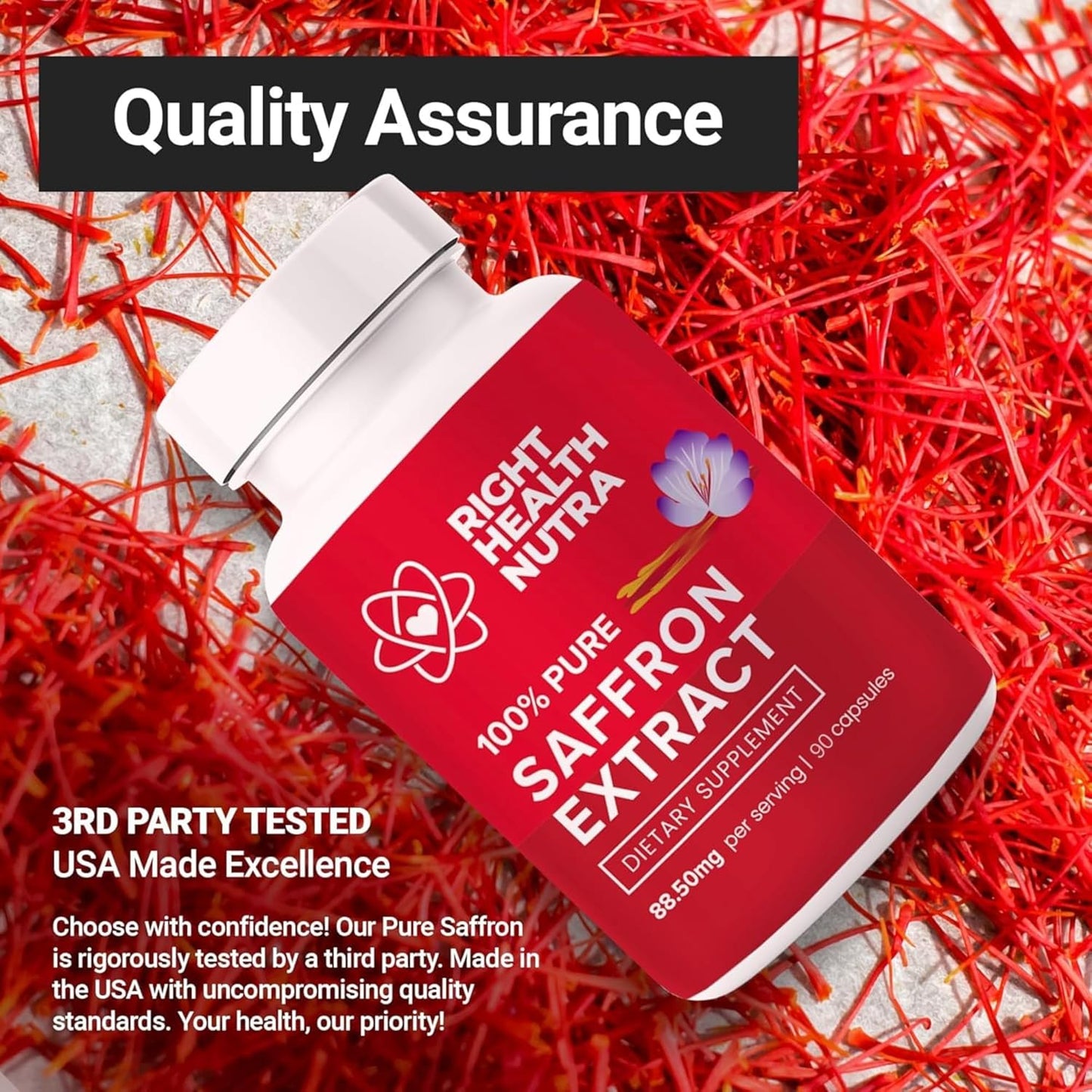 100% Pure Saffron Extract Capsules for Mood, Focus, Digestion, and Eye Health - Made in USA - 90 Capsules