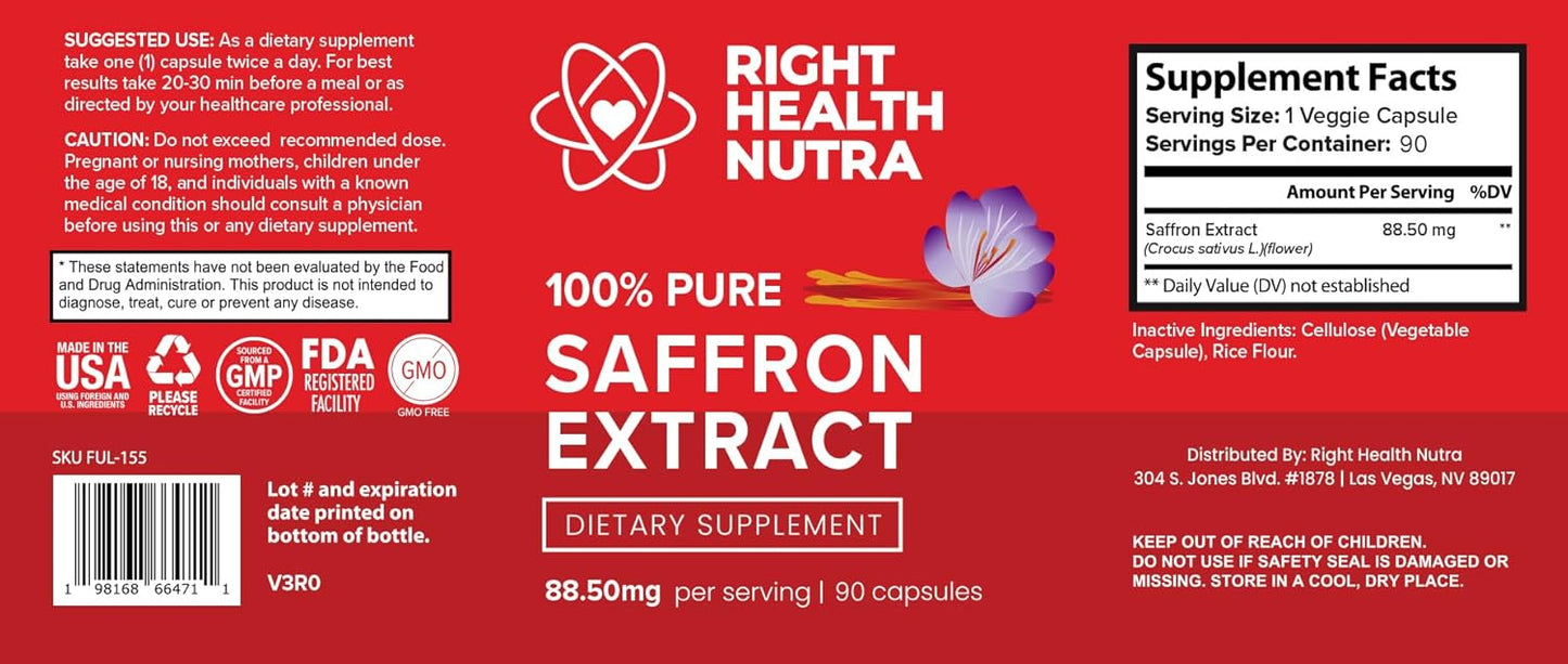 100% Pure Saffron Extract Capsules for Mood, Focus, Digestion, and Eye Health - Made in USA - 90 Capsules