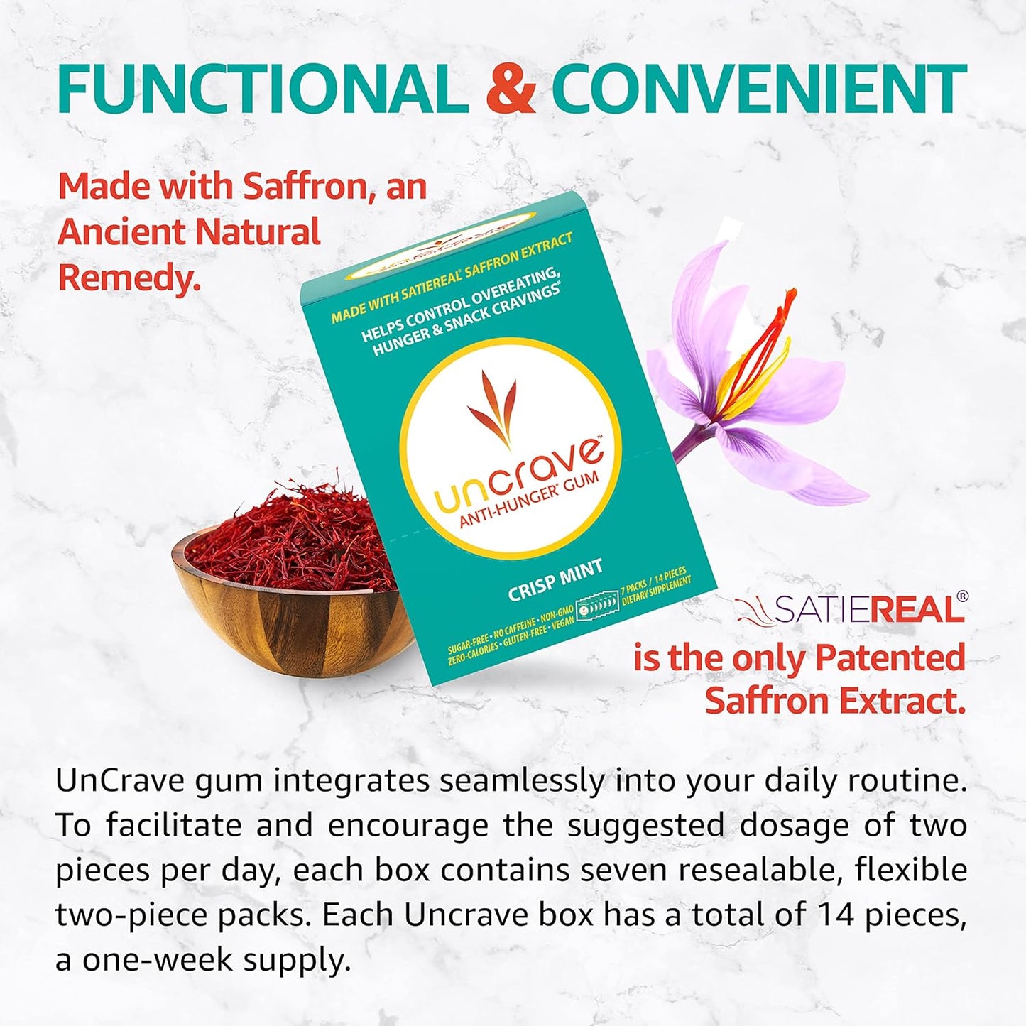 100% Pure Saffron Extract Infused Gum for Craving Control, Mood Improvement, and Vision Health - Crisp Mint Flavor (14 Pieces)