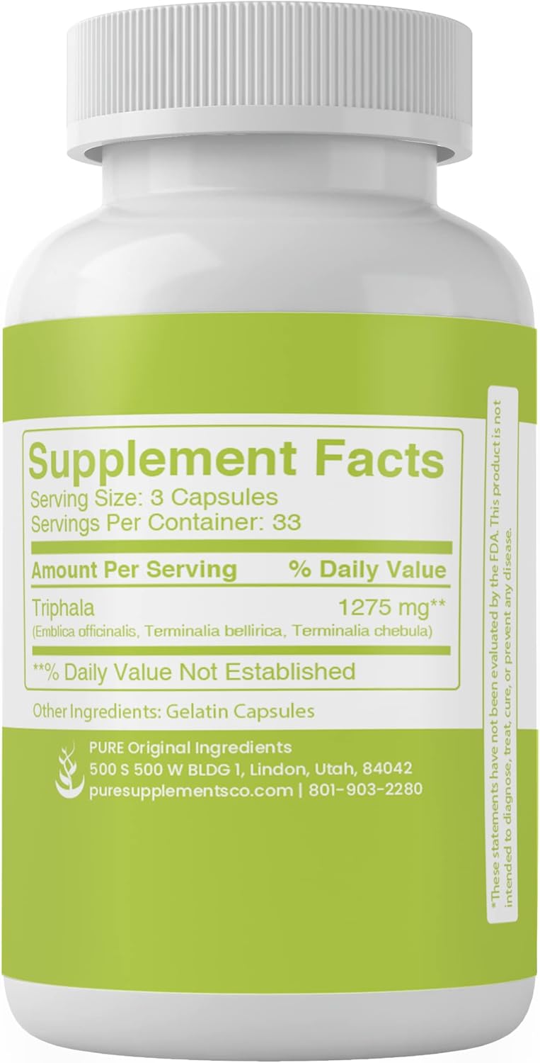100% Pure Triphala Powder Capsules - No Additives, Fillers, Lab Verified - 100 Count