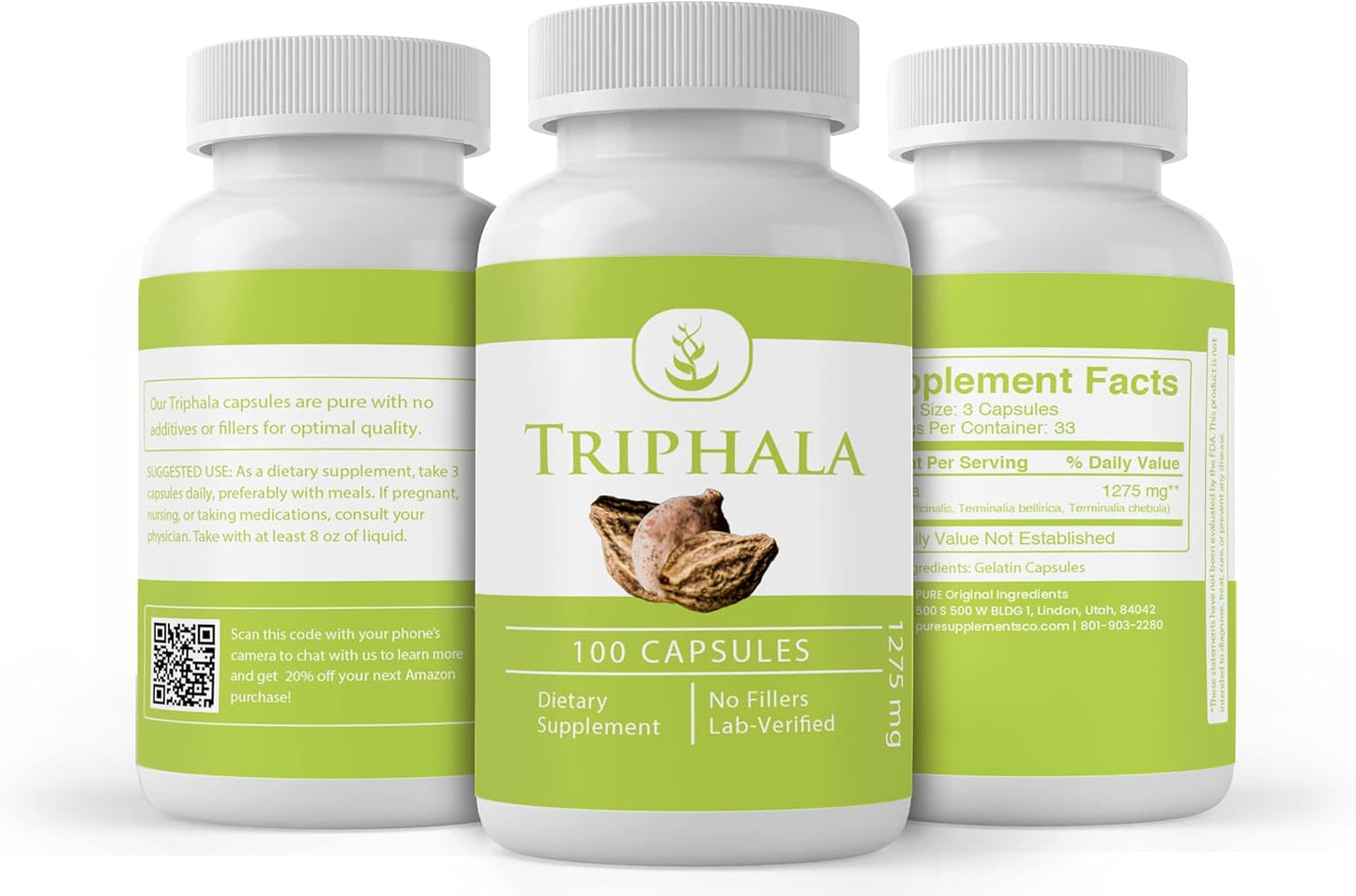100% Pure Triphala Powder Capsules - No Additives, Fillers, Lab Verified - 100 Count