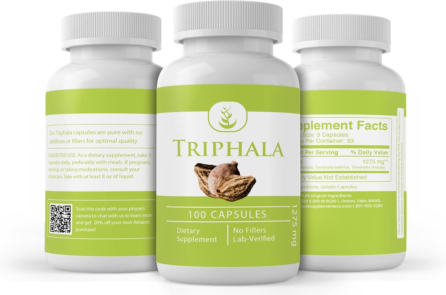 100% Pure Triphala Powder Capsules - No Additives, Fillers, Lab Verified - 100 Count