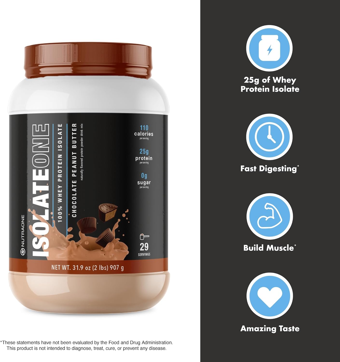100% Pure Whey Isolate Protein Powder - NutraOne IsolateOne (Chocolate Peanut Butter, 29 Servings)