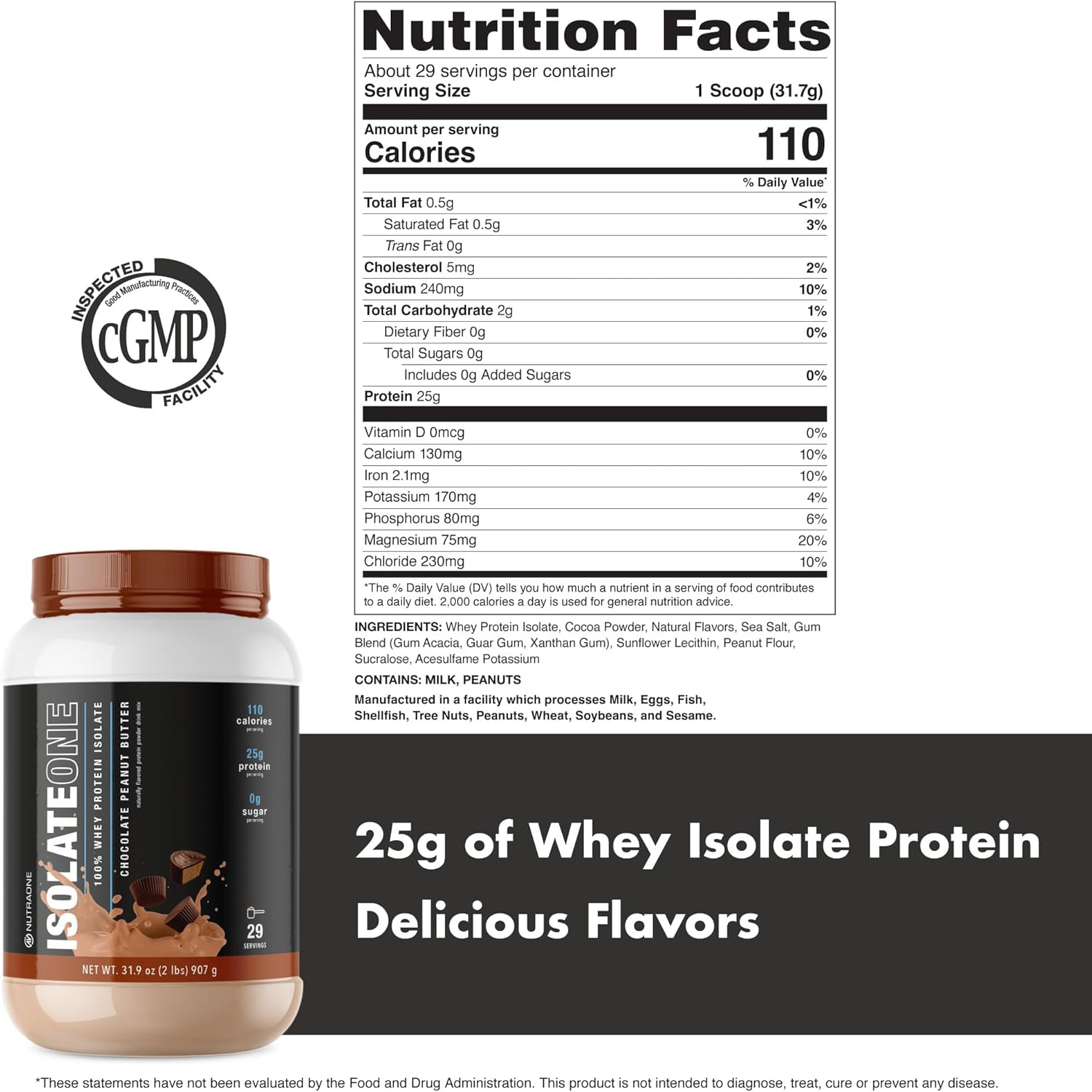 100% Pure Whey Isolate Protein Powder - NutraOne IsolateOne (Chocolate Peanut Butter, 29 Servings)