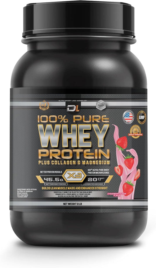 100% Pure Whey Protein with Collagen and Magnesium - 43g Protein, BCAA's - Muscle Gain, Recovery, and Nutrient Delivery - Low Fat, Easy Mixing - 2LB (1KG, Strawberry)