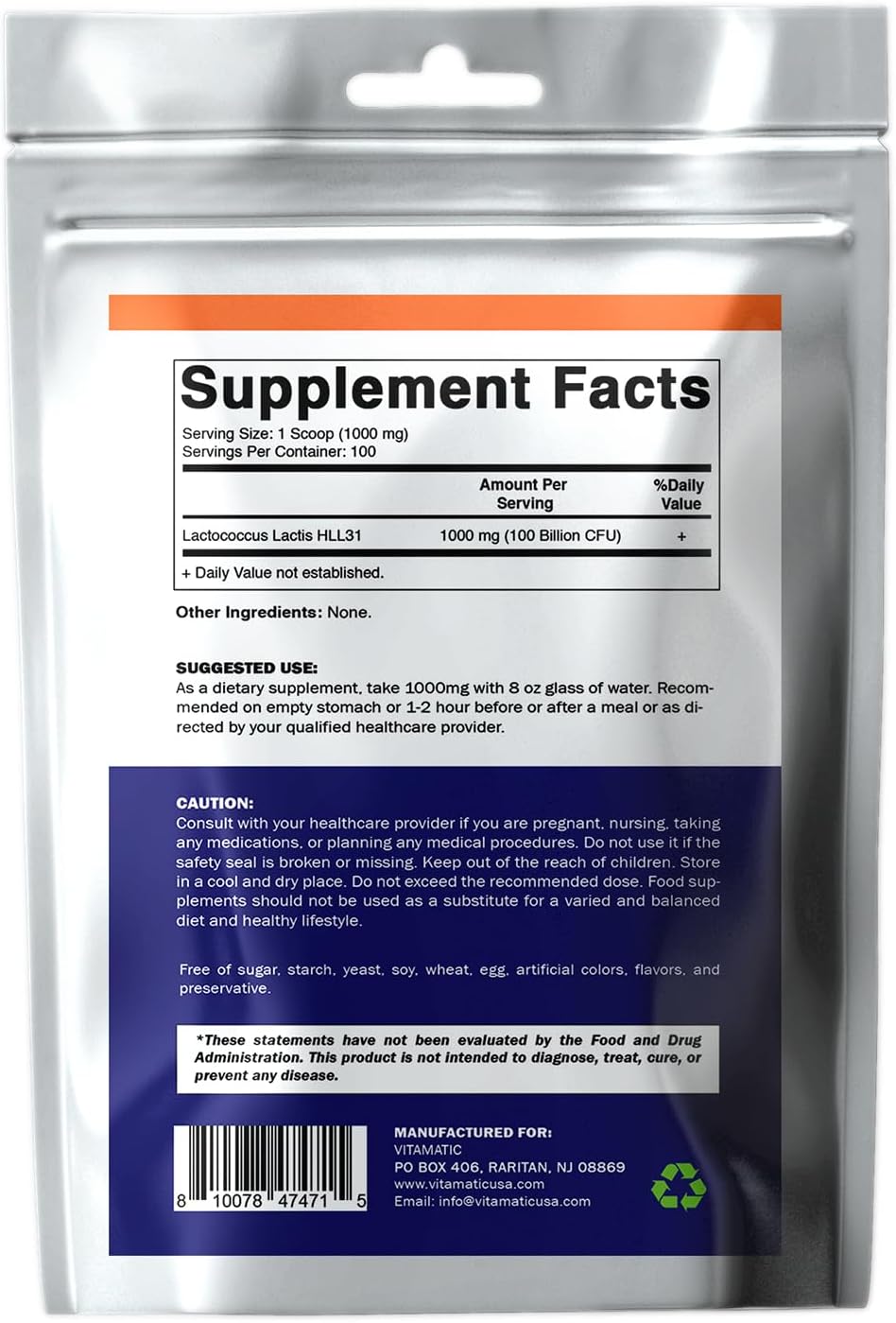 100 Servings of Vitamatic Lactococcus Lactis Probiotic Powder for Digestive Health - 100g (3.5oz)