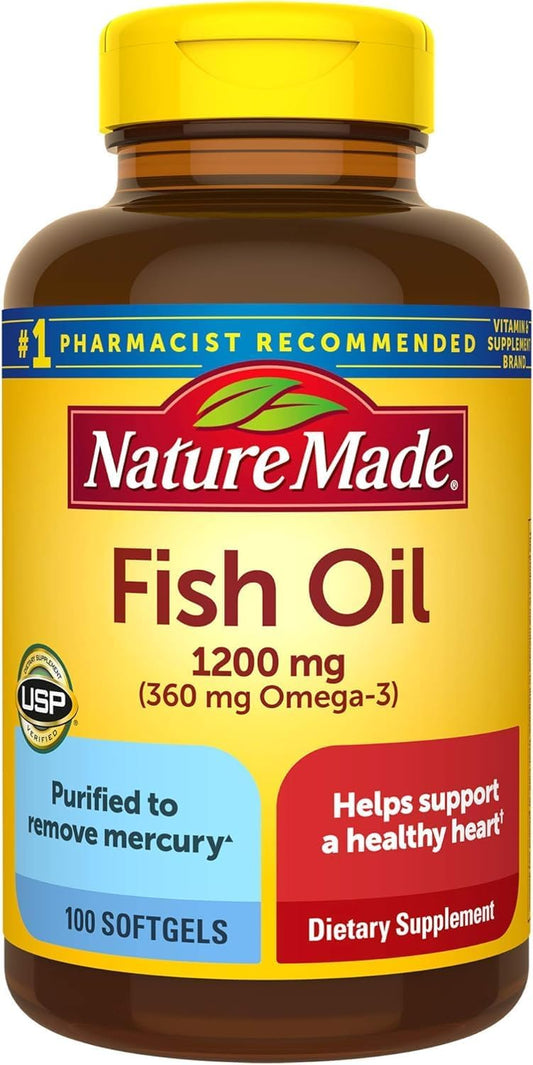 100 Softgels Nature Made Fish Oil 1200mg Omega 3 Supplement for Heart Health