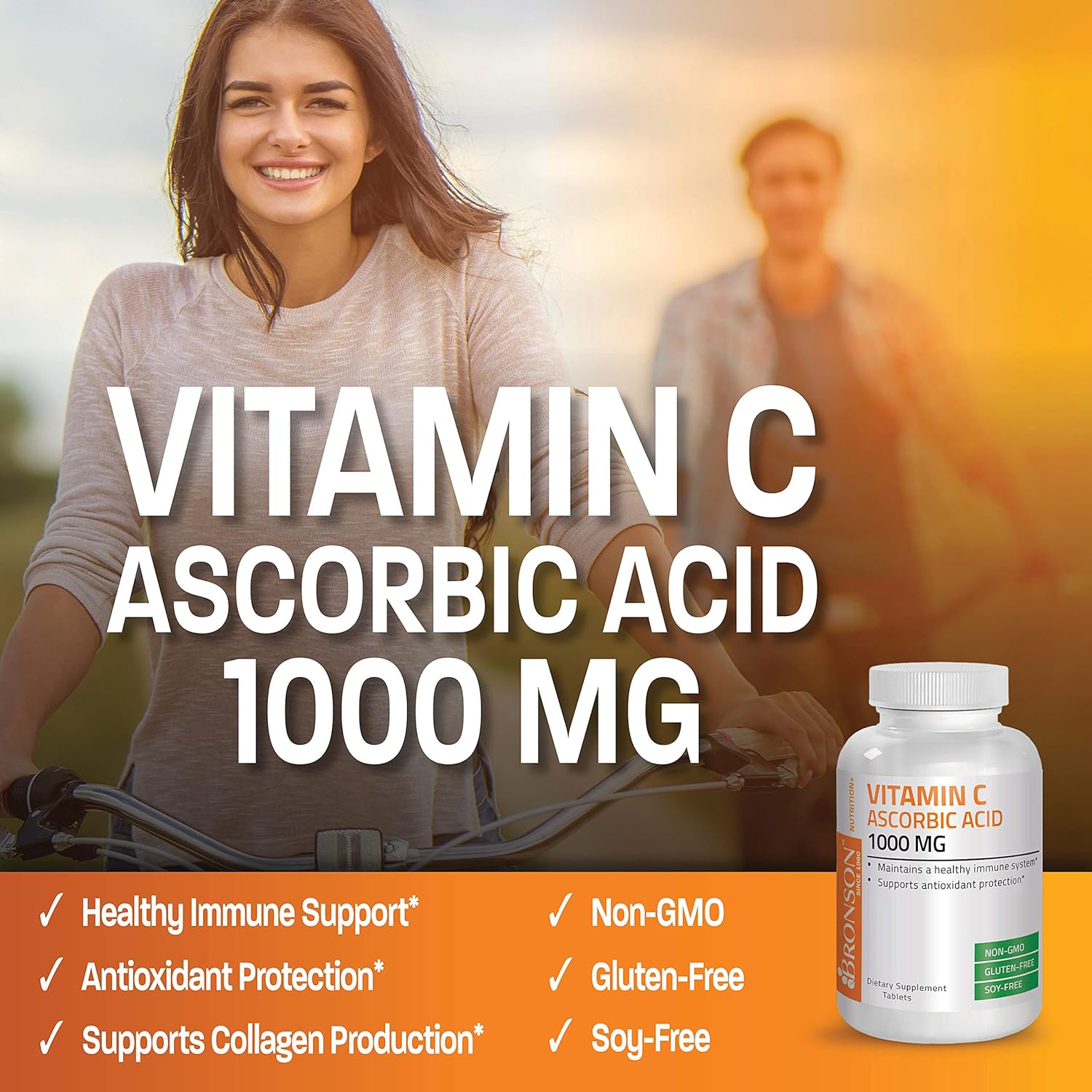 100 Tablets Bronson Vitamin C 1000 mg Premium Non-GMO Ascorbic Acid for Immune System & Antioxidant Support