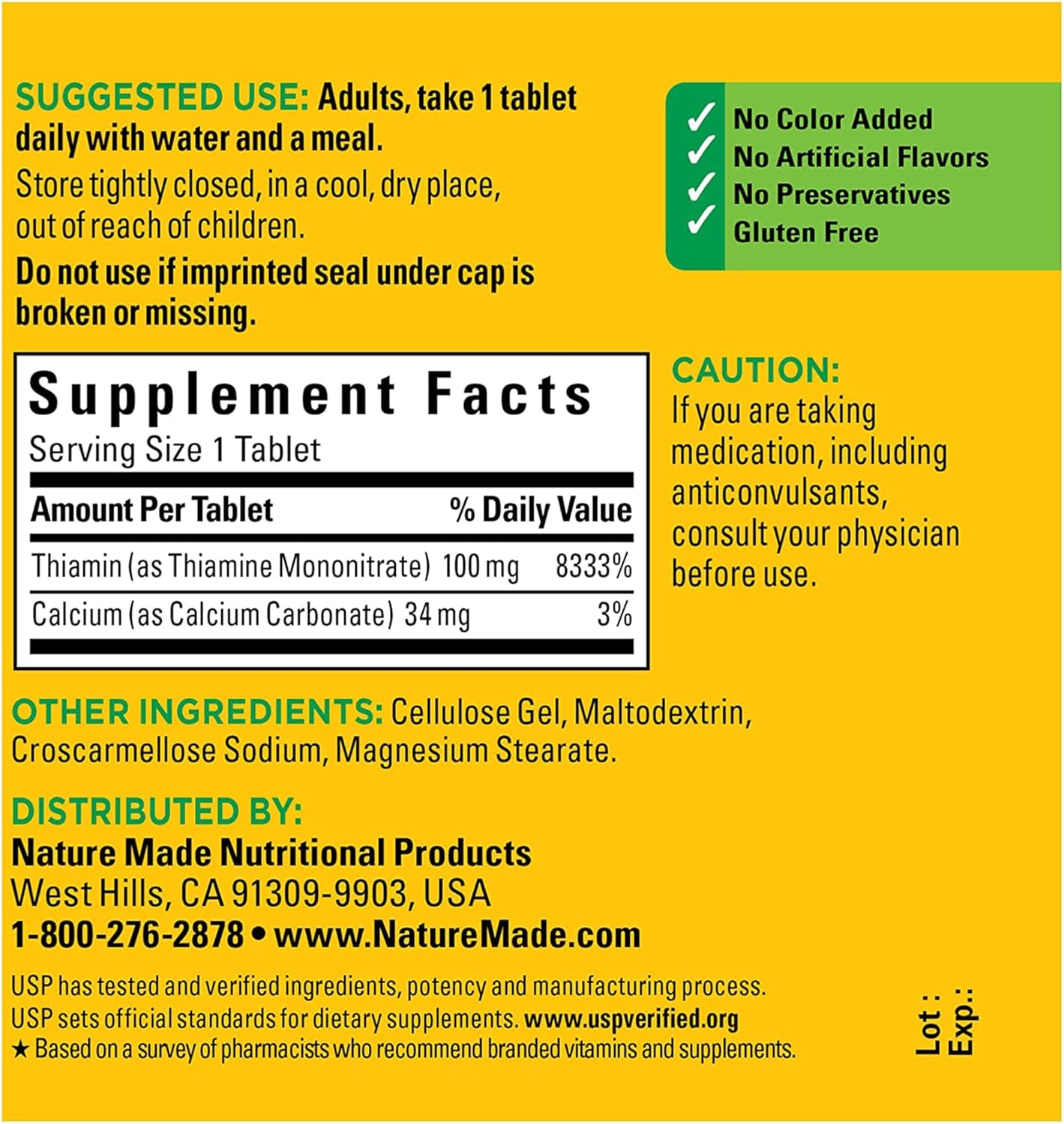 100 Tablets Nature Made Vitamin B1 100 mg Dietary Supplement for Energy Metabolism Support - 100 Day Supply