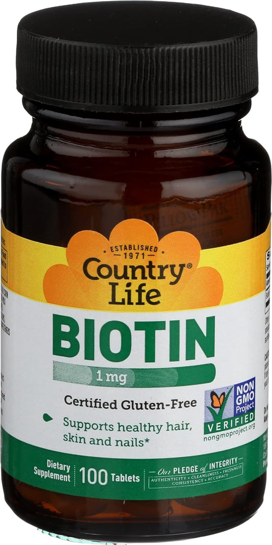 100 Tablets of Country Life Biotin 1000 mcg for Healthy Hair, Skin, and Nails