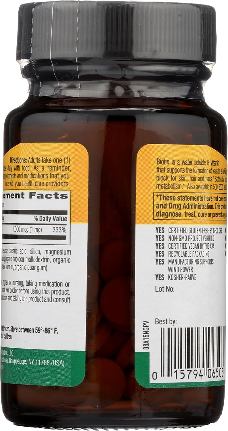 100 Tablets of Country Life Biotin 1000 mcg for Healthy Hair, Skin, and Nails
