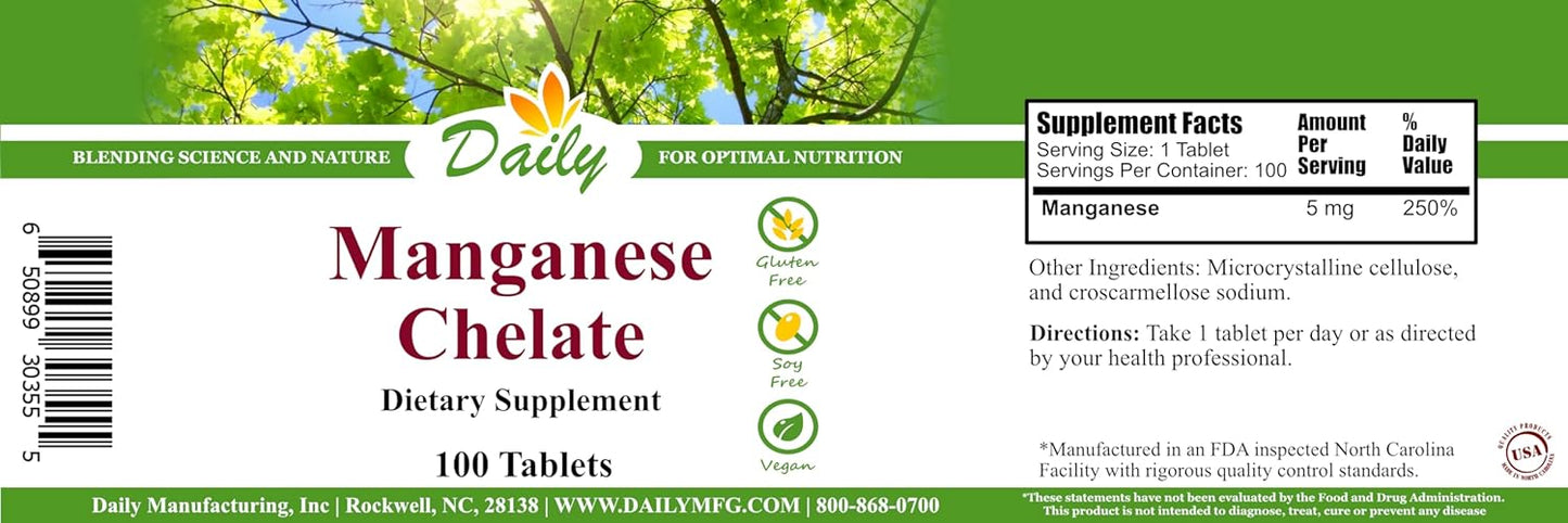 100 Tablets of Daily 5 mg Manganese Chelate Supplement for Manufacturing