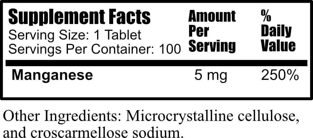 100 Tablets of Daily 5 mg Manganese Chelate Supplement for Manufacturing