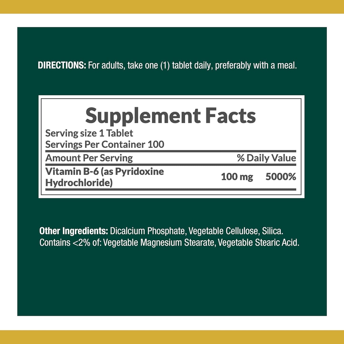 100 Tablets of Nature's Bounty Vitamin B6 for Energy Metabolism & Nervous System Health, 100mg - Pack of 200
