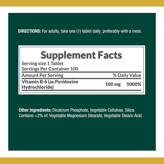 100 Tablets of Nature's Bounty Vitamin B6 for Energy Metabolism & Nervous System Health, 100mg - Pack of 200