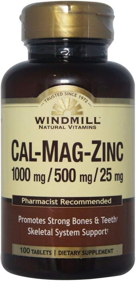 100 Tablets of Windmill Calcium, Magnesium and Zinc Supplement for Bone Health and Immune Support