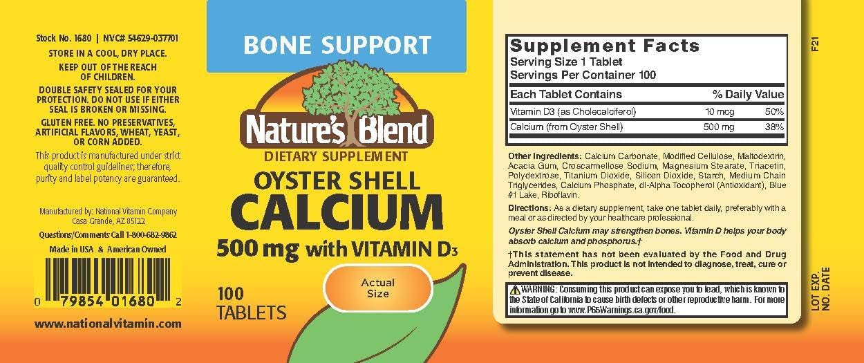100 Tabs of Nature's Blend Oyster Shell Calcium with Vitamin D3 Supplement
