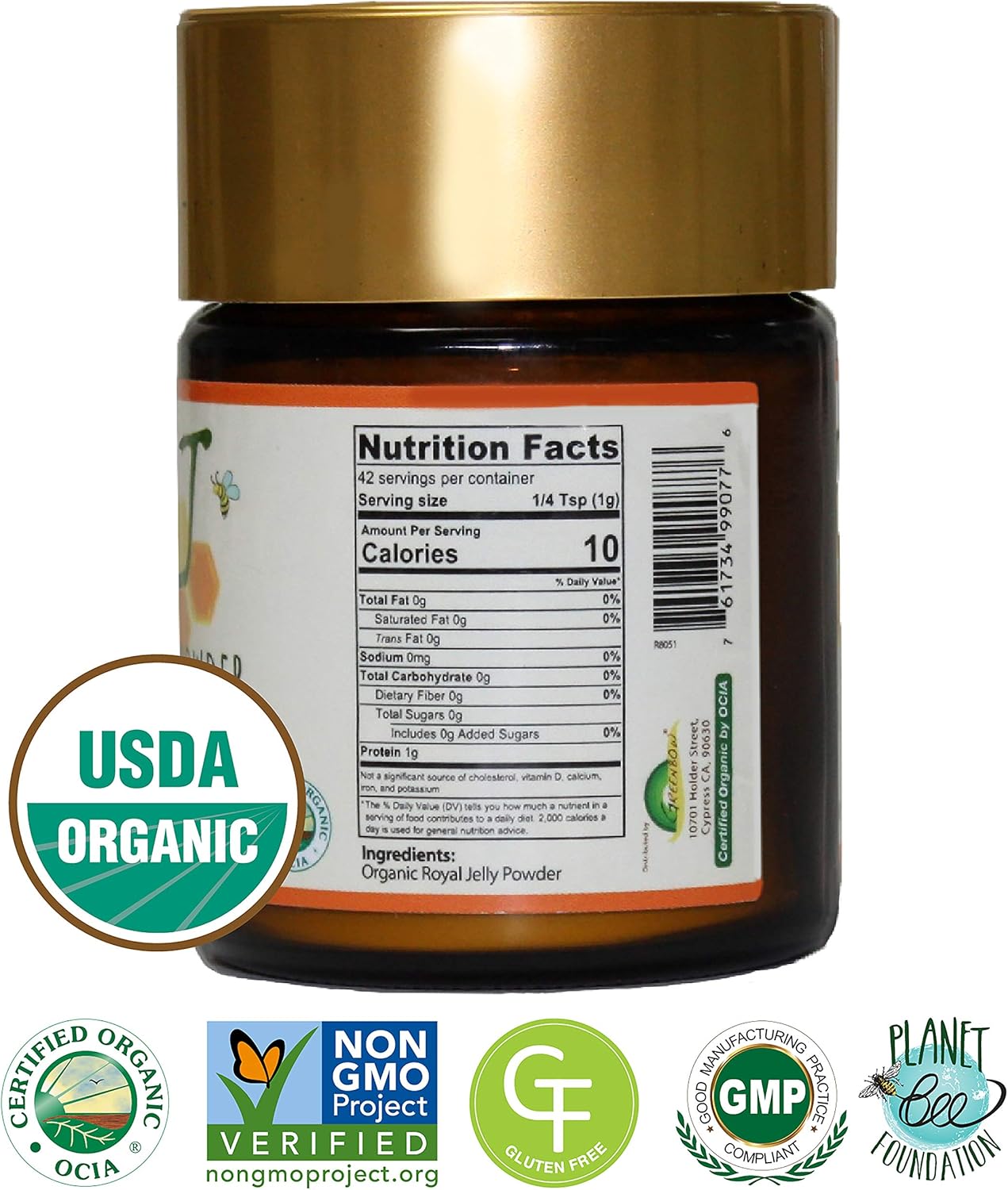 100% USDA Certified Organic Greenbow Royal Jelly Powder - Non-GMO, Gluten Free, Freeze Dried - Nutrient-Dense Superfood (42g)