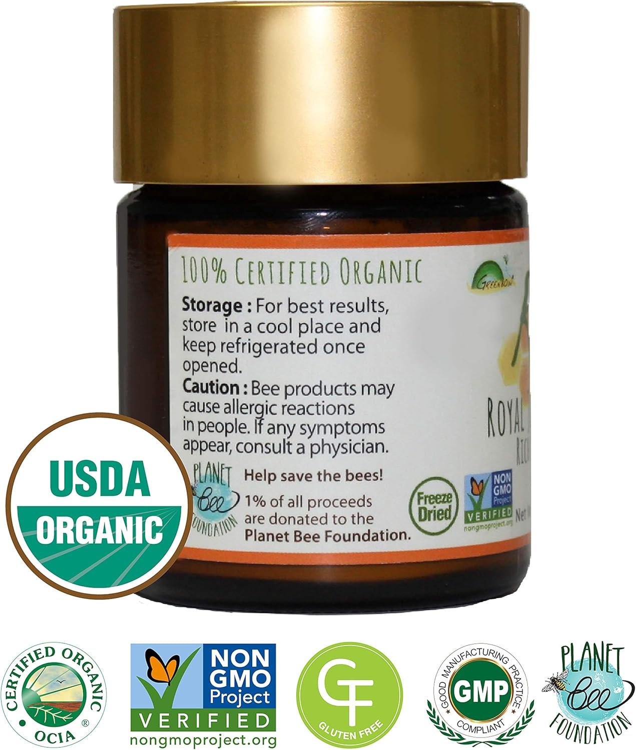 100% USDA Certified Organic Greenbow Royal Jelly Powder - Non-GMO, Gluten Free, Freeze Dried - Nutrient-Dense Superfood (42g)