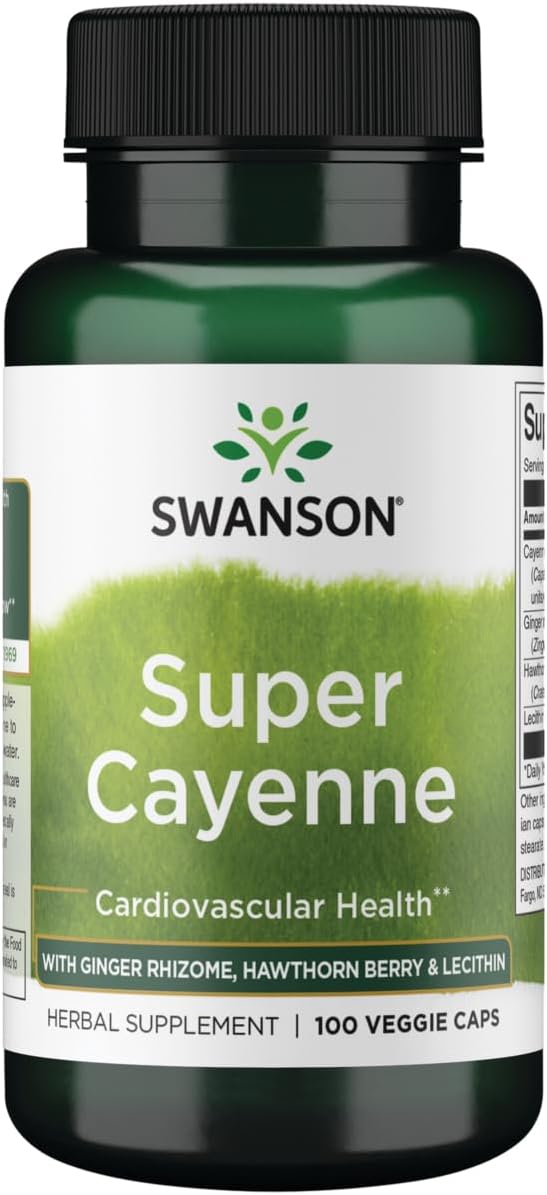 100 Veg Capsules of Swanson Premium Brand Super Cayenne with Ginger Rhizome, Hawthorn Berry & Lecithin