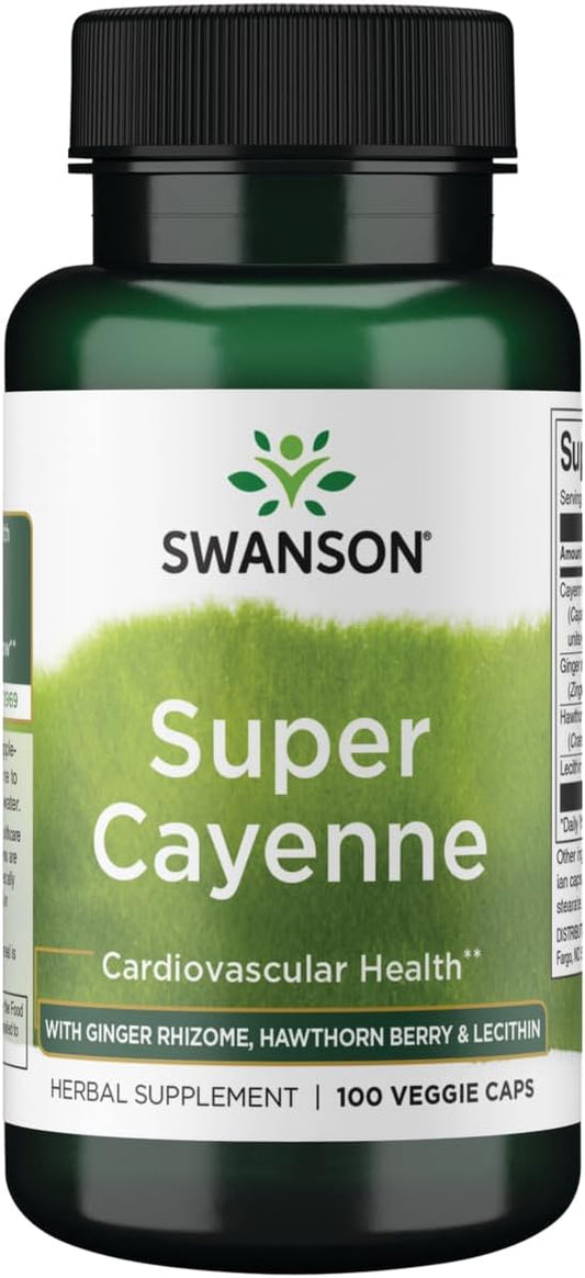 100 Veg Capsules of Swanson Premium Brand Super Cayenne with Ginger Rhizome, Hawthorn Berry & Lecithin