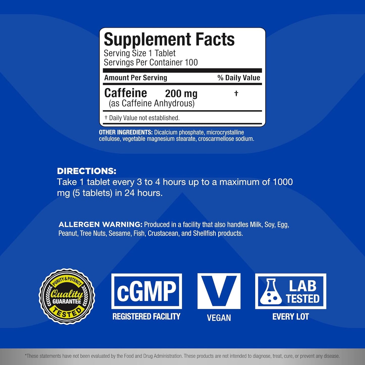 100 Vegan Caffeine Pills for Sustained Energy & Mental Focus - Fast Absorbing 200 mg Tablets by ALLMAX Nutrition