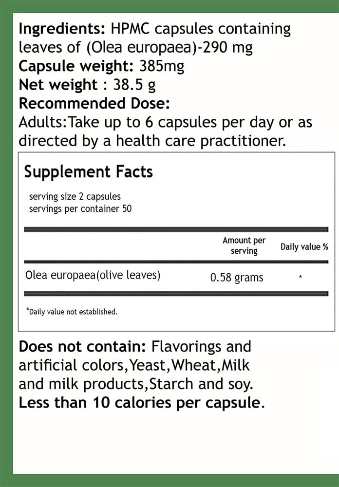 100 Vegan Capsules of Hekma Center Pure Olive Leaf Extract - Olea Europaea Supplement