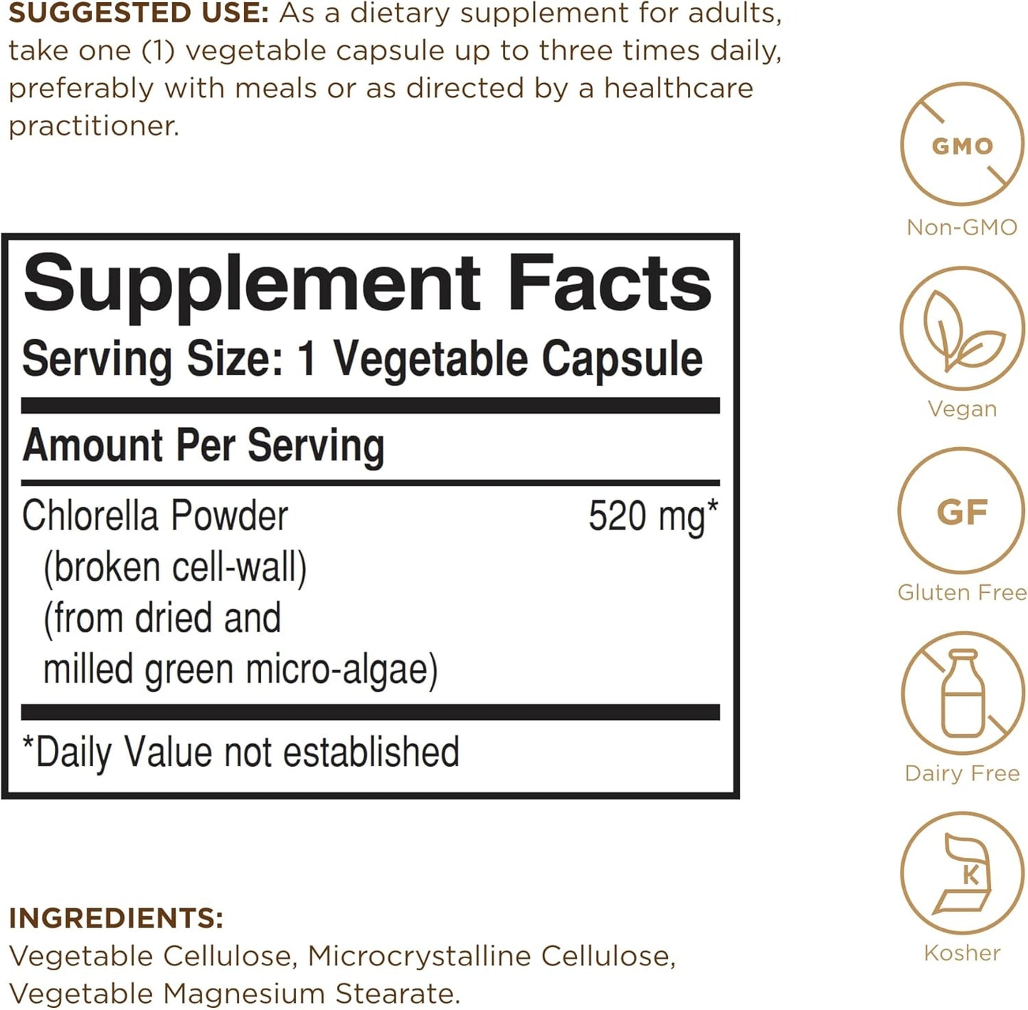 100 Vegetable Capsules of SOLGAR Chlorella for Maximum Absorption - Non-GMO, Vegan, Gluten Free, Kosher - 100 Servings