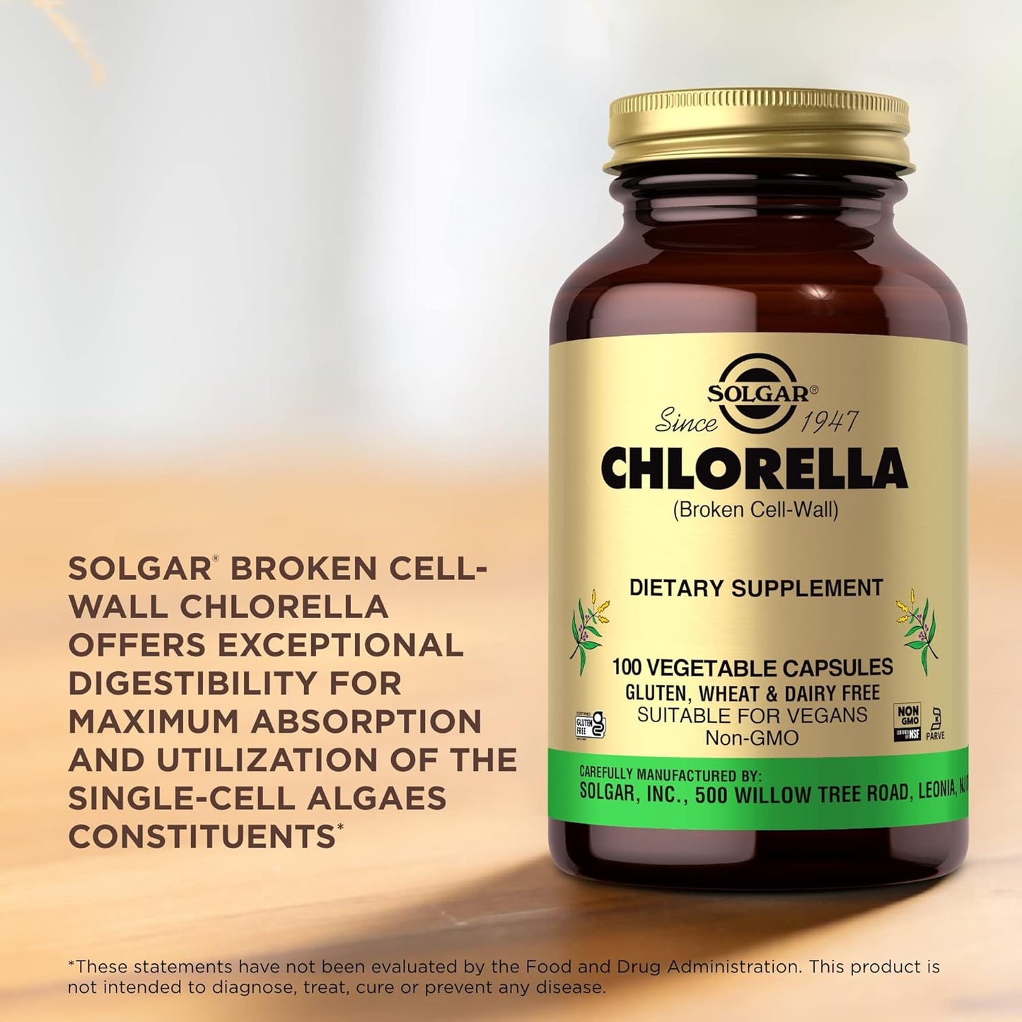 100 Vegetable Capsules of SOLGAR Chlorella for Maximum Absorption - Non-GMO, Vegan, Gluten Free, Kosher - 100 Servings