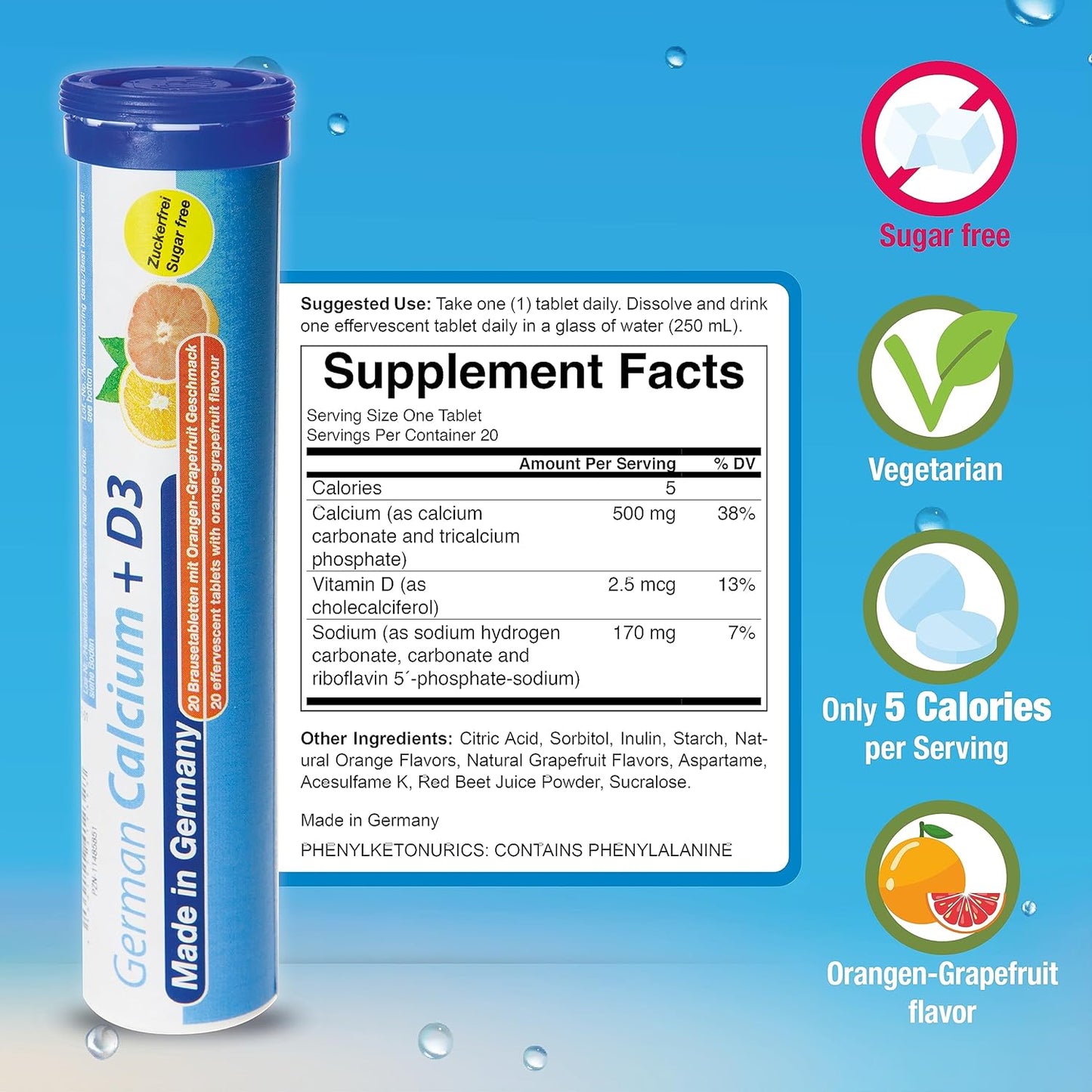 100 Vegetarian Effervescent Calcium + Vitamin D Drink Tablets - Orange-Grapefruit Flavor - Made in Germany