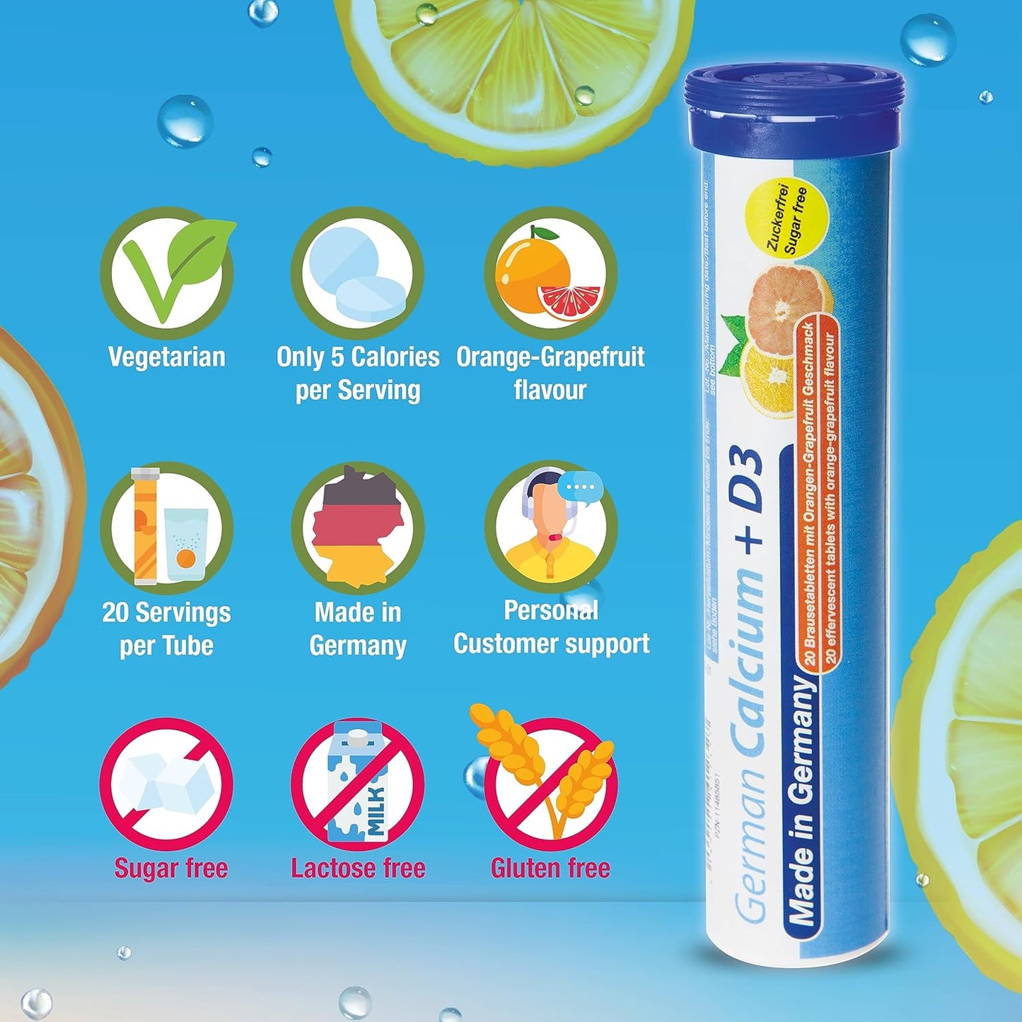 100 Vegetarian Effervescent Calcium + Vitamin D Drink Tablets - Orange-Grapefruit Flavor - Made in Germany