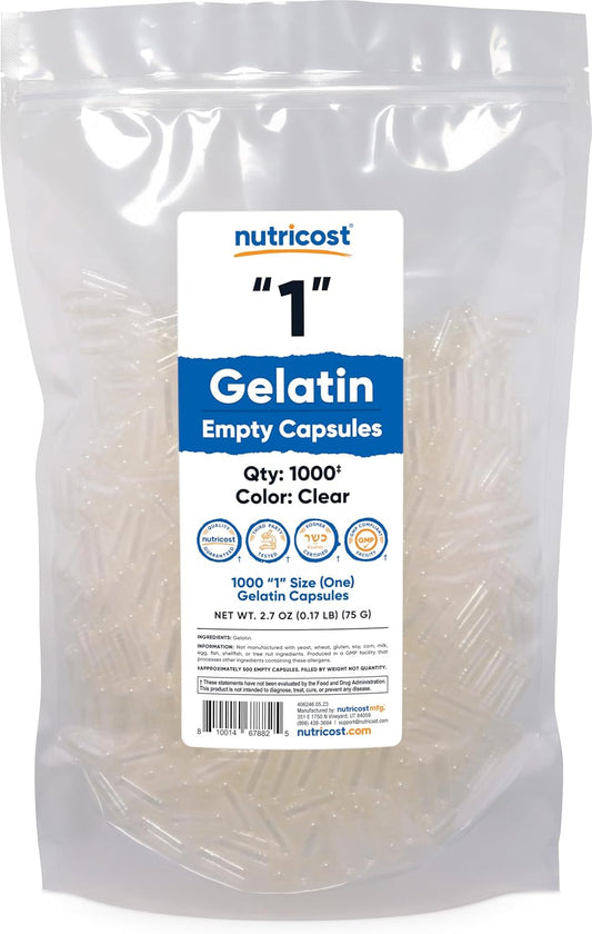 1000 Clear Size 1 Gelatin Empty Capsules by Nutricost - Kosher, Non-GMO, Soy Free, Gluten Free