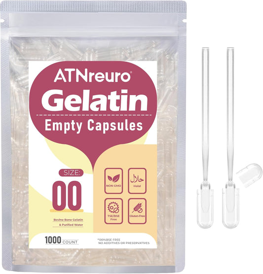 1000 Count ATNreuro Size 00 Empty Gelatin Capsules with 2 Micro Spoons for Powders & Supplements