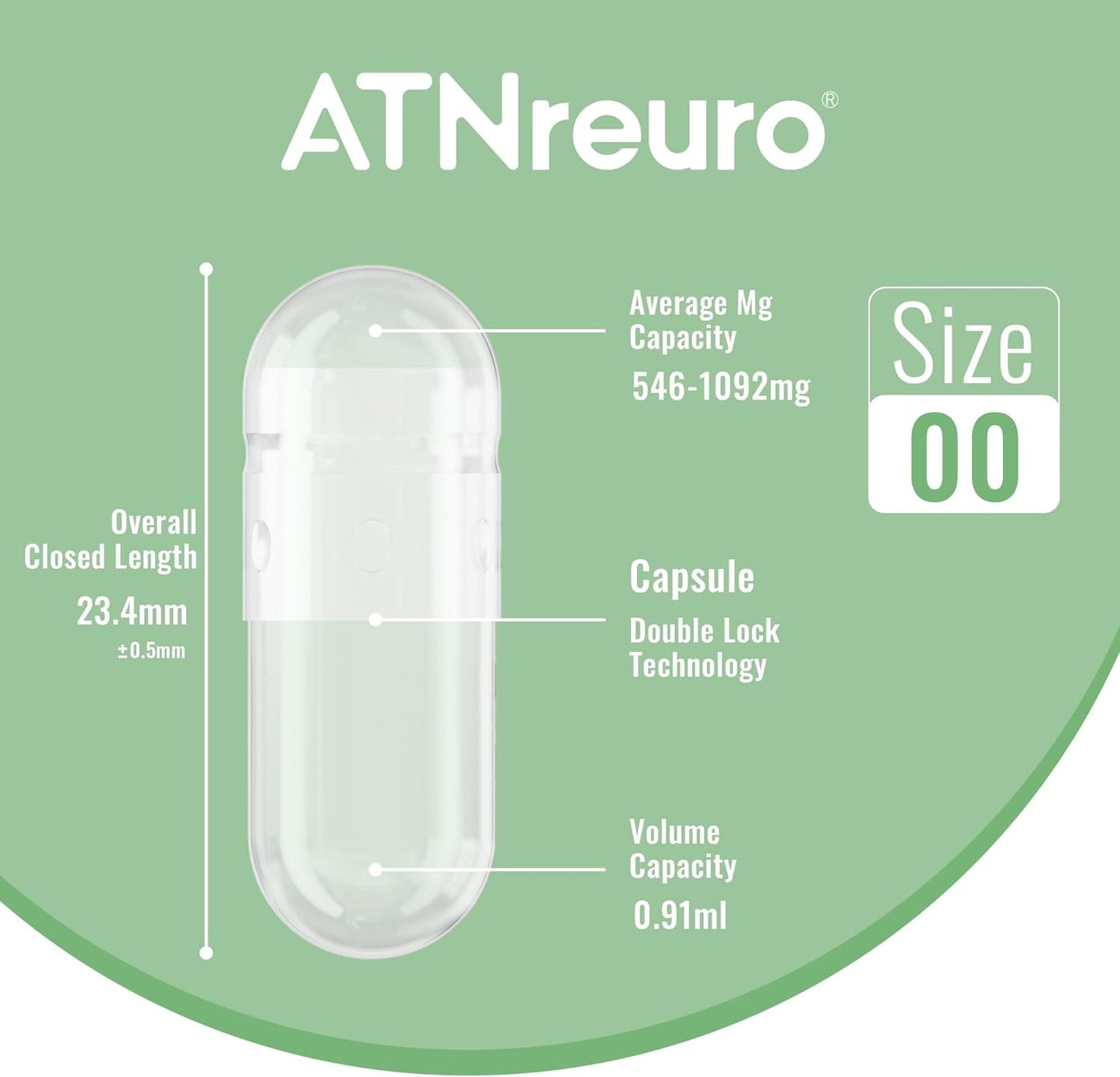 1000 Count ATNreuro Size 00 Empty Gelatin Capsules with 2 Micro Spoons for Powders & Supplements