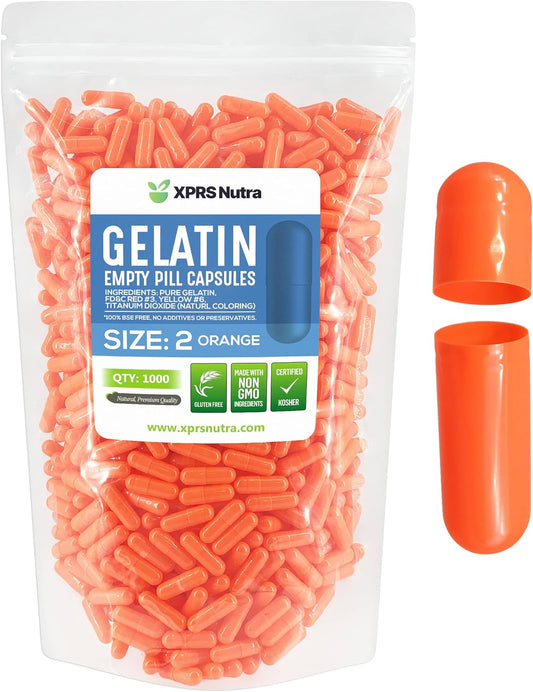 1000 Count Empty Gelatin Capsules for DIY Capsule Filling - Pure Bovine Empty Pill Capsules - XPRS Nutra Size 2 Empty Capsules - Orange