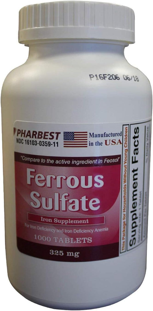 1000 Count PHARBEST Ferrous Sulfate 325 mg Tablets for Iron Deficiency