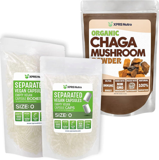 1000 Count Size 0 XPRS Nutra Capsules & 16oz Chaga Powder Bundle