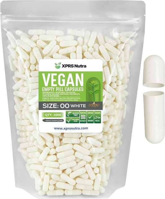 1000 Count Size 00 Empty Vegan Capsules for DIY Vegetable Capsule Filling - White Veggie Pill Capsules