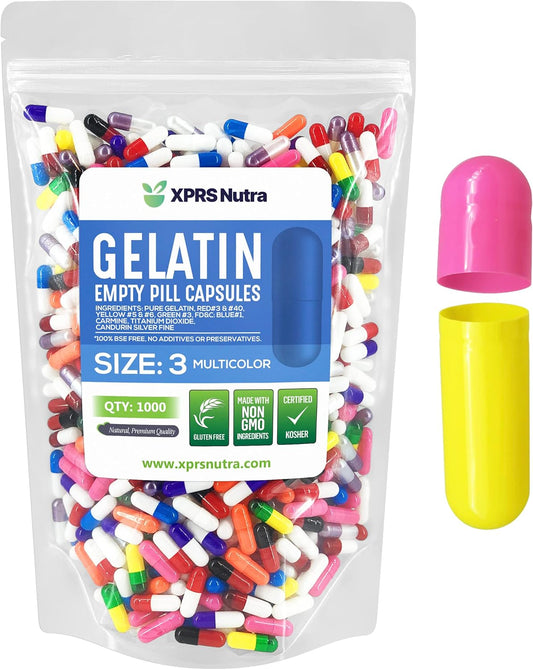 1000 Count Size 3 Empty Gelatin Capsules for DIY Capsule Filling - Pure Bovine Pill Capsules - Multi Color Empty Caps