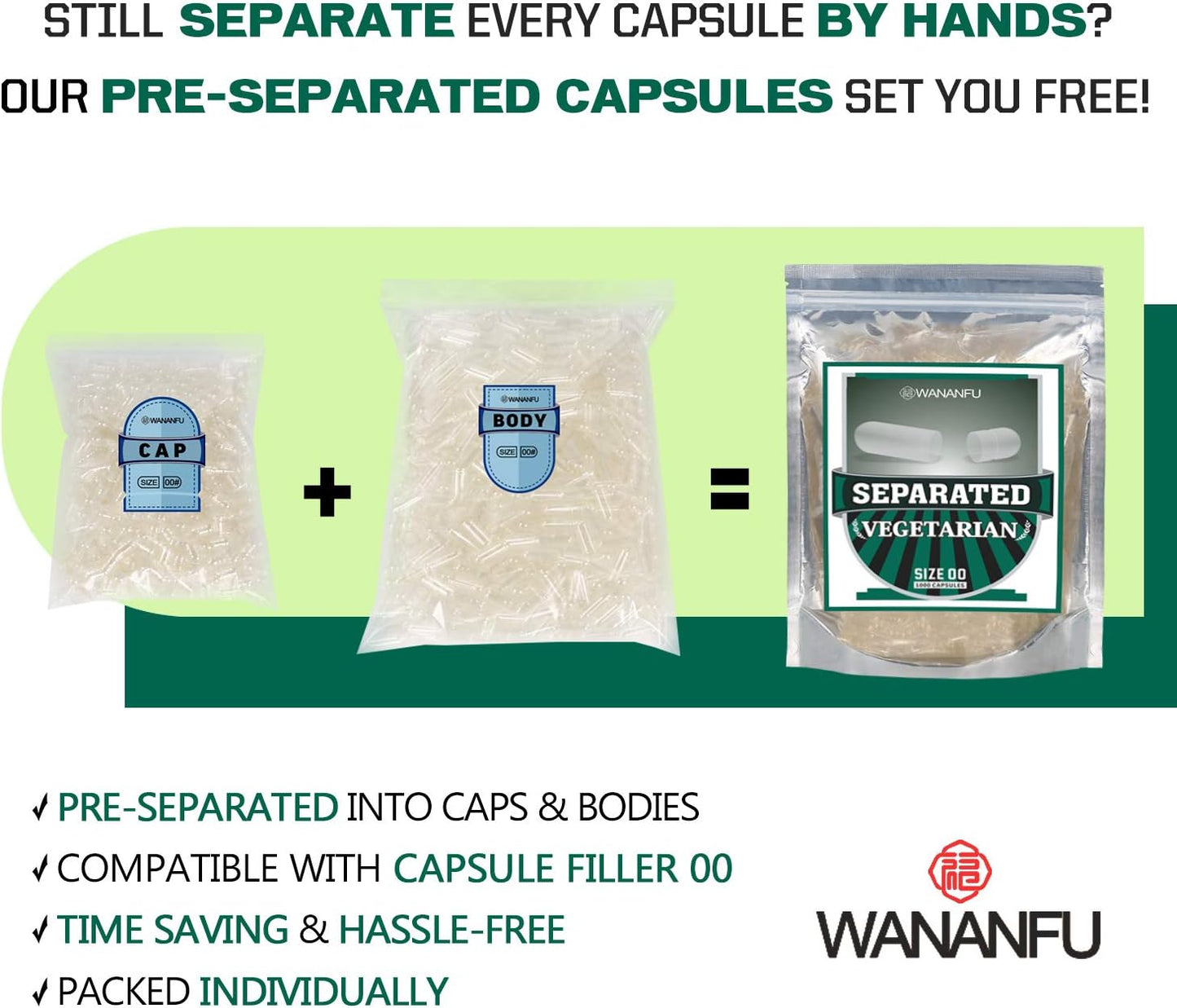 1000 Count Wananfu Pre-Separated 00 Vegetarian Capsules for DIY Supplements