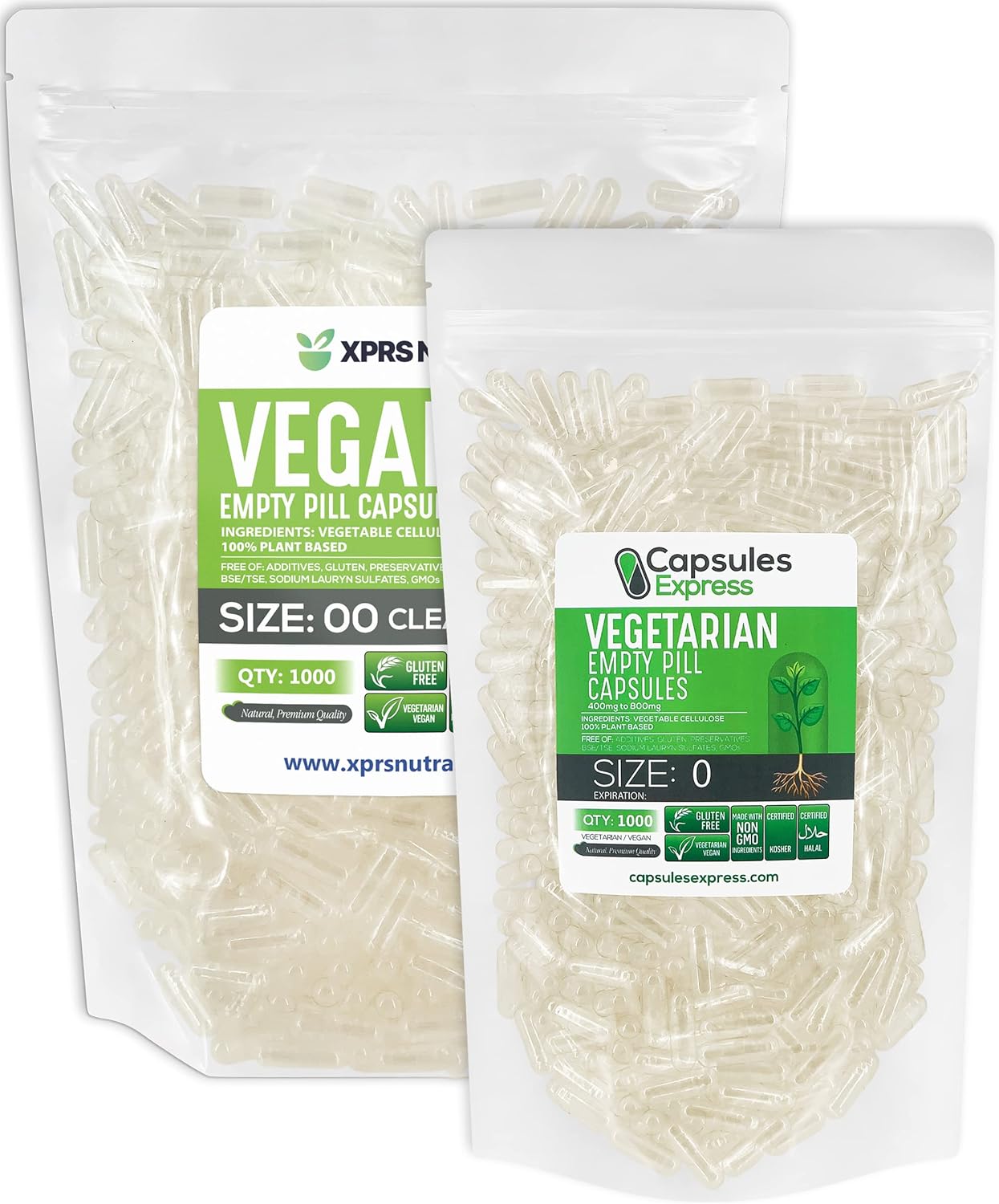 1000 Count XPRS Nutra Empty Vegan Capsules in Size 00 and Size 0