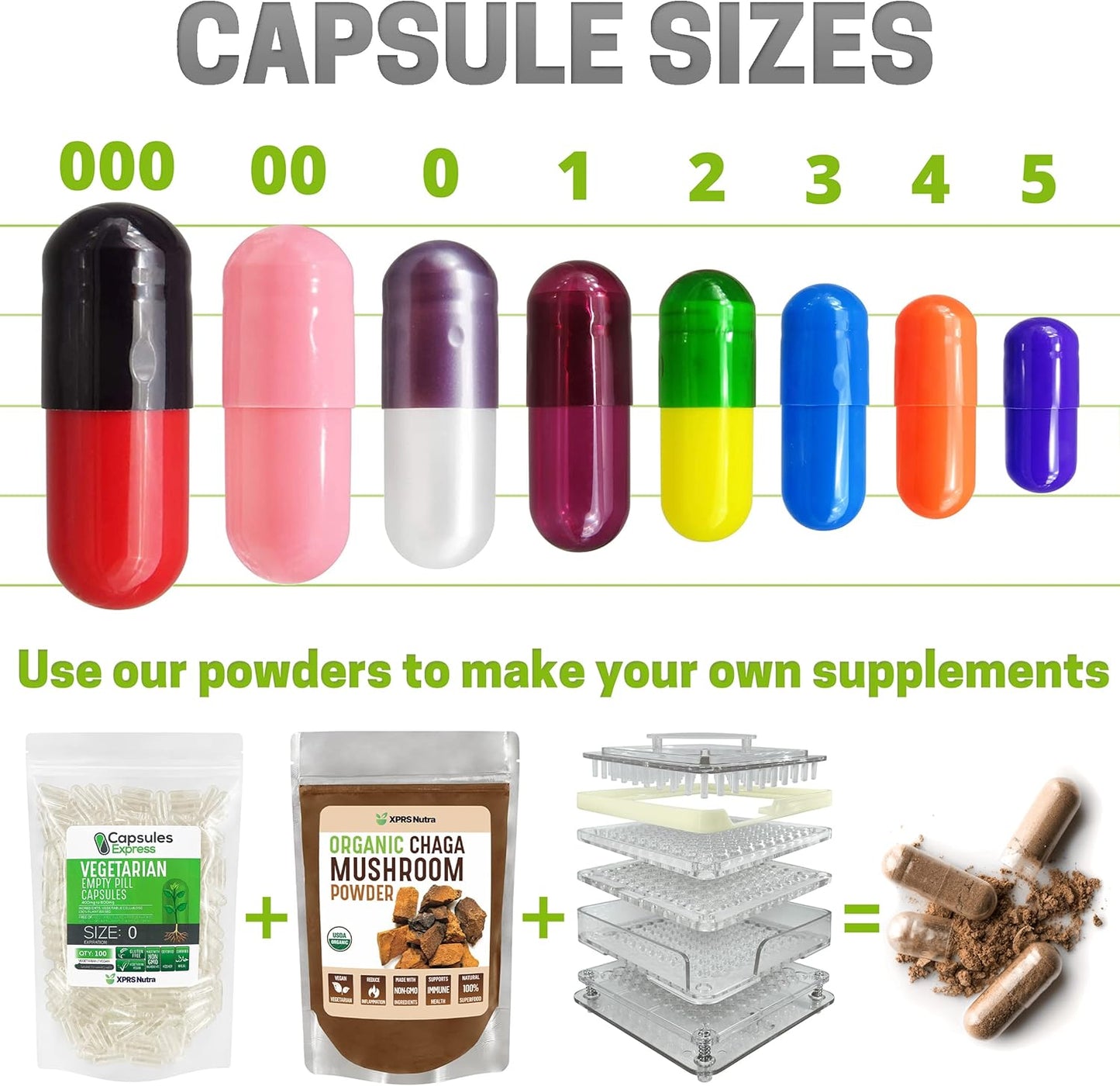 1000 Count XPRS Nutra Empty Vegan Capsules in Size 00 and Size 0